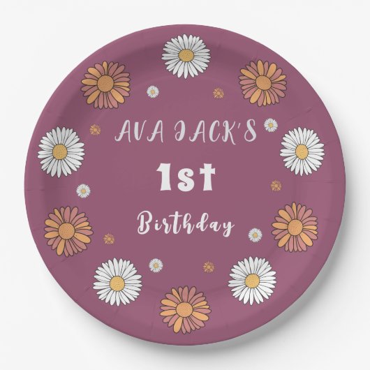 パステルホワイトとピンクのオレンジ色のデイジー花 ペーパープレート (正面)