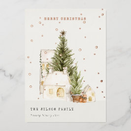 パステルホワイトスノーツリーハウスメリークリスマス 箔シーズンカード
