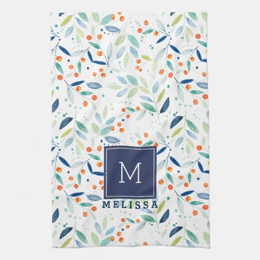 パステルボタニカパターンウォーターカラーイラストレーション キッチンタオル (縦)