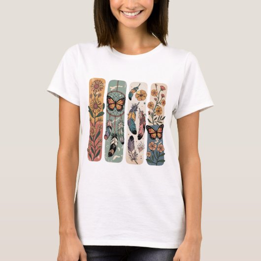 パステルボヘミアン風フェザーと黄色いひまわり Tシャツ (正面)