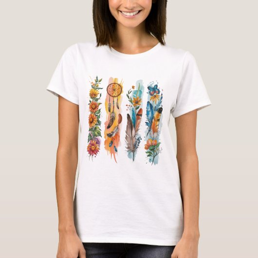 パステルボヘミアン風フェザーと黄色のひまわり Tシャツ (正面)