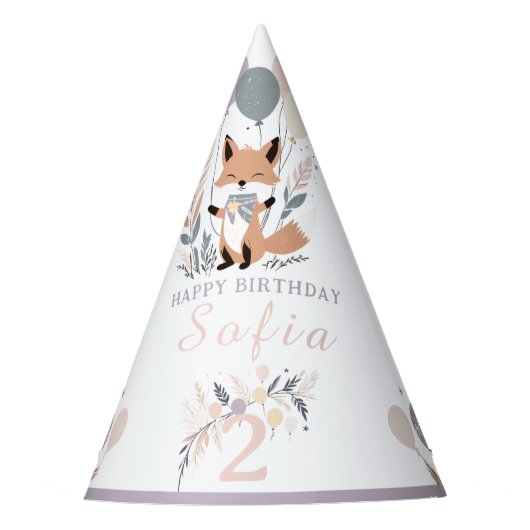 パステルボホキツネ&バルーン誕生日 パーティーハット (正面)