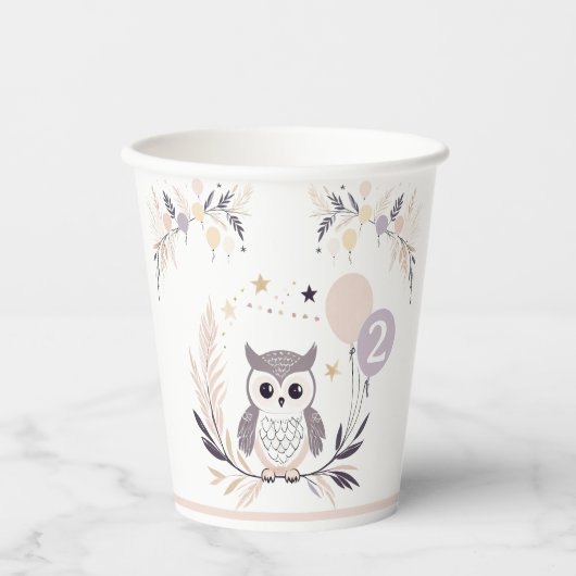 パステルボホフクロウ&バルーン誕生日 紙コップ (正面)