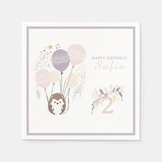 パステルボホヘッジホッグアンドバルーン誕生日 スタンダードカクテルナプキン (正面)