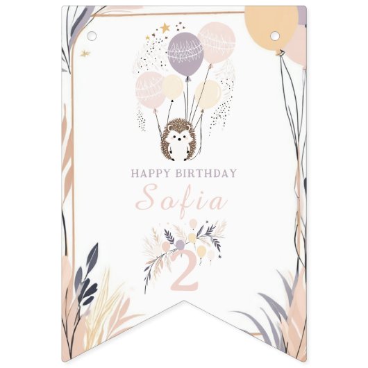 パステルボホヘッジホッグアンドバルーン誕生日 バンティングフラッグ (第16の旗)