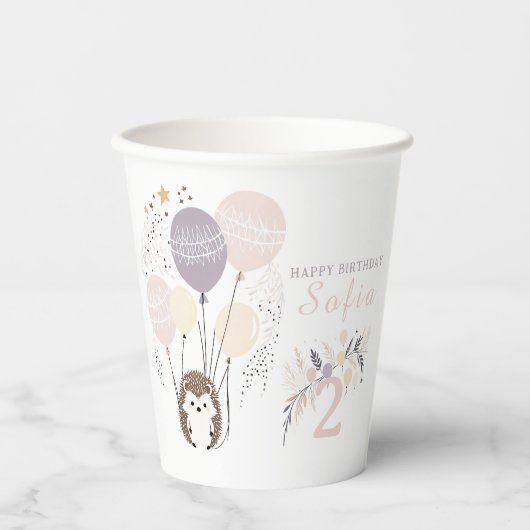 パステルボホヘッジホッグアンドバルーン誕生日 紙コップ (正面)