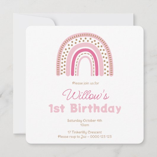 パステルボホレインボーミニマリストガール1st誕生日I 招待状 (正面)