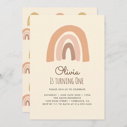 パステルボホレインボー1st誕生日招待状カード 招待状 (正面/裏面)