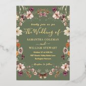 パステルボホワイルドフラワーセージ素朴グリーン結婚ズ 箔招待状 (正面)