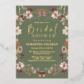 パステルボホワイルドフラワーセージ緑ブライダルシャワー 箔招待状 (正面)
