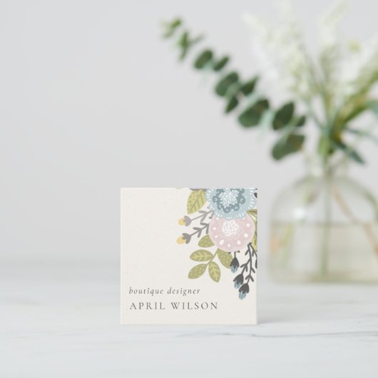 パステルボホ赤面ブルーグリーンリーフィーフローラQRコード スクエア名刺 (スタンド正面)