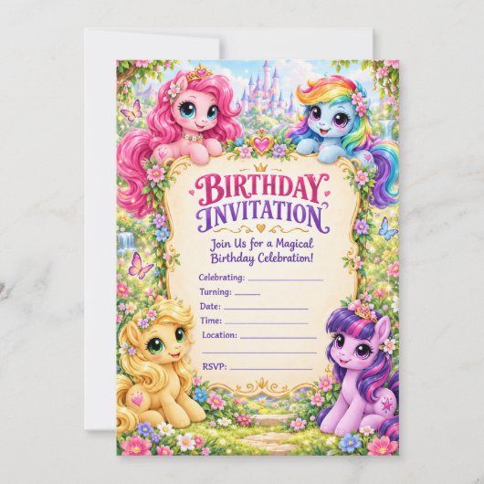 ✨🦄 パステルポニーの誕生日招待状カード 招待状 (正面)