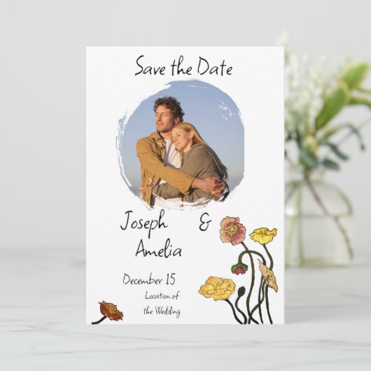 パステルポピー水の色の結婚式の日付を保存 招待状 (スタンド正面)