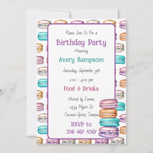 パステルマカロンをテーマにした誕生日パーティー 招待状 (正面)