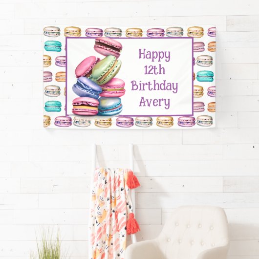 パステルマカロンクッキーをテーマにした誕生日パーティー 横断幕 (インサイチュ)