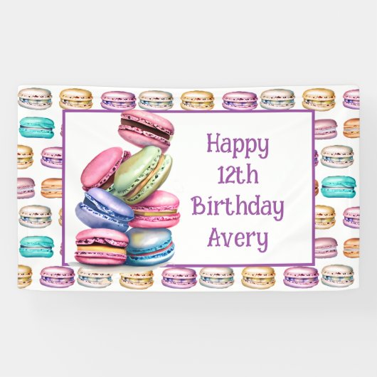 パステルマカロンクッキーをテーマにした誕生日パーティー 横断幕 (横)