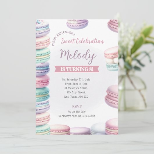 パステルマカロン誕生日招待状スタック甘味 招待状 (スタンド正面)