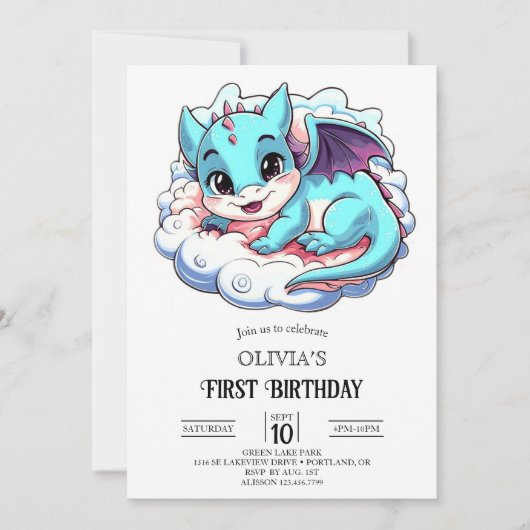 パステルマジェスティックデジタルドラゴン1st誕生日 招待状 (正面)