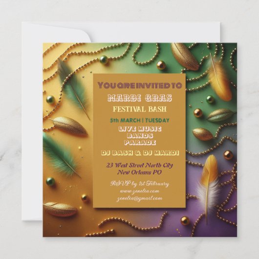 パステルマルディグラスフェスティバルバッシュフェザーズビーズ金ゴールド 招待状 (正面)