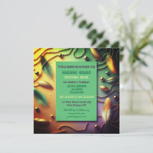 パステルマルディグラフェスティバルバッシュフェザービーズ金ゴールド 招待状 (スタンド正面)