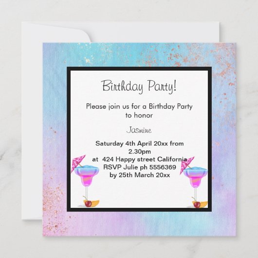 パステルマーブルカクテルバースデーパーティーの招待 招待状 (正面)