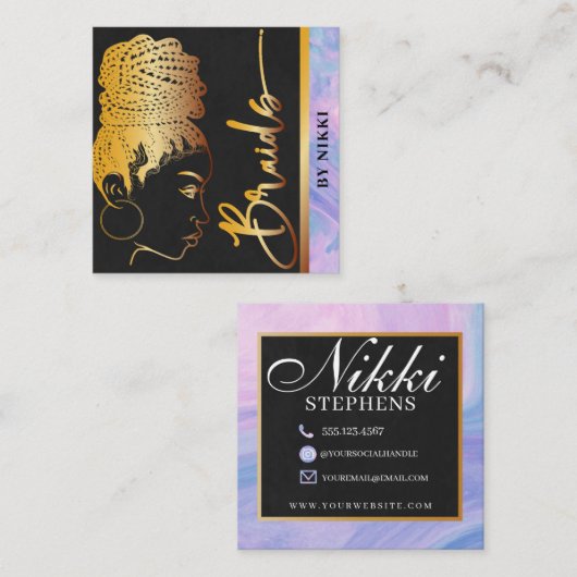 パステルマーブル&金ゴールドモダンヘアブレイディングサロン スクエア名刺 (正面/裏面)