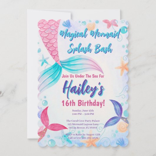 パステルマーメイドテイルズウォーター誕生日 招待状 (正面)