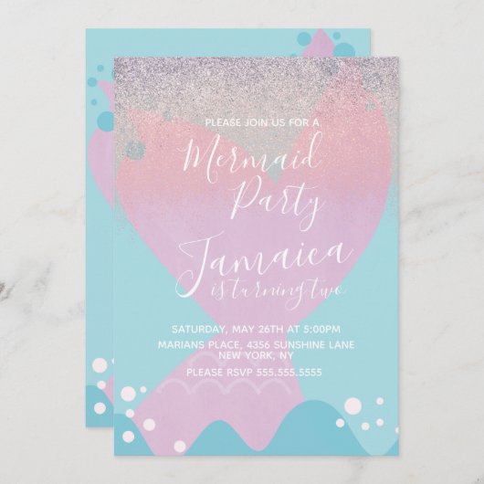 パステルマーメイドフェイクグリッターバースデーパーティー 招待状 (正面/裏面)