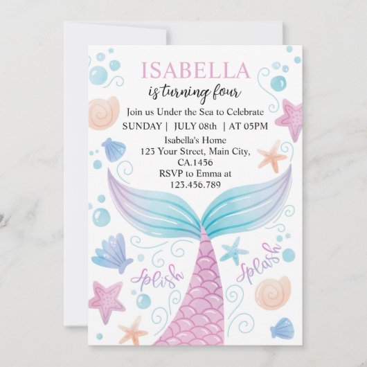 パステルマーメイド誕生日招待状 招待状 (正面)