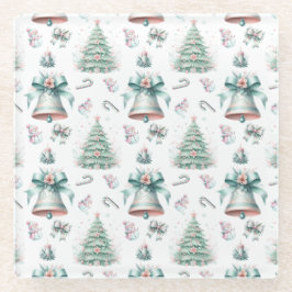 パステルミントとピンククリスマスシームレスパターン ガラスコースター