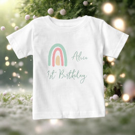 パステルミントイエローレインボーの1歳の誕生日パーティー ベビーTシャツ