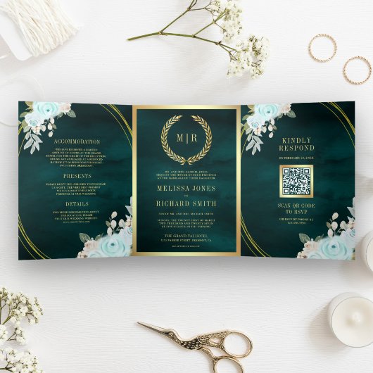 パステルミントバラオールインワンQRコードティール(緑がかった色)結婚 三つ折り招待状