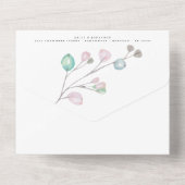 パステルモダンアートス葉パイクティール（緑がかった色）結婚ズ オールインワン招待状 (裏面)