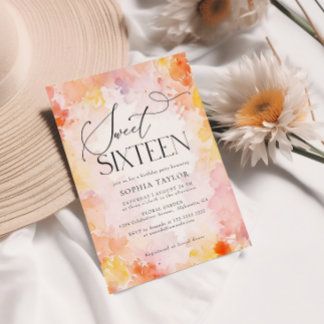 パステルモダンウォーターカラーフローラスウィート16誕生日 招待状