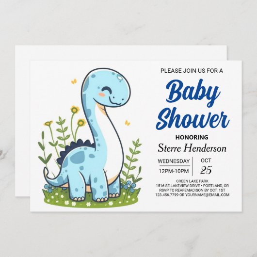 パステルモダンオンライン恐竜ボーイベビーシャワー 招待状 (正面/裏面)