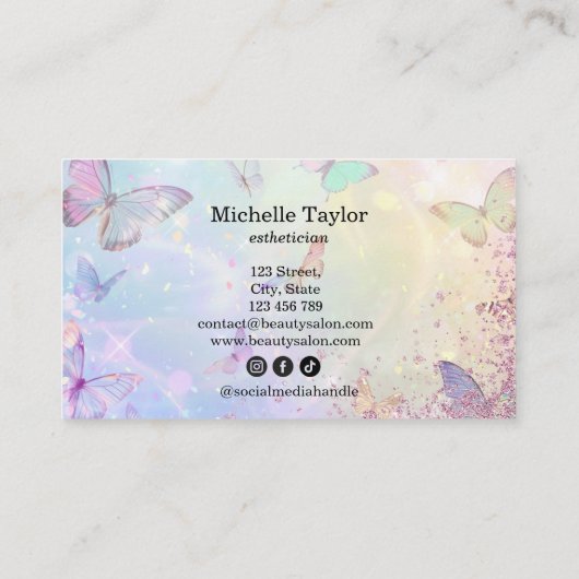 パステルモダングリッターバタフライエステティシアメイクアップ 名刺 (裏面)