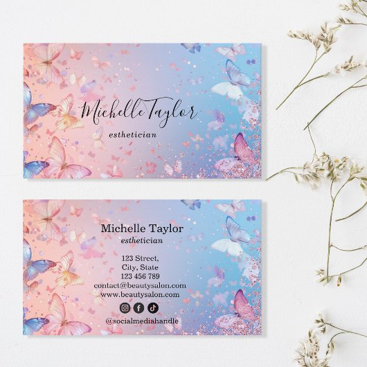 パステルモダングリッターバタフライエステティシアメイクアップ 名刺