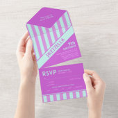 パステルモダンティール（緑がかった色）ピンクストライプ誕生日 オールインワン招待状 (貼ってはがせる)