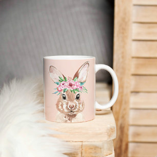 パステルモダンピンクの水彩バニーと花 コーヒーマグカップ