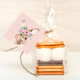 パステルモダンピンクの水彩バニーと花 フェイバータグ