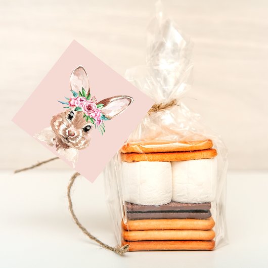 パステルモダンピンクの水彩バニーと花 フェイバータグ