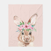 パステルモダンピンクの水彩バニーと花 フリースブランケット (正面)