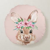 パステルモダンピンクの水彩バニーと花 ラウンドクッション (正面)