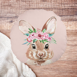 パステルモダンピンクの水彩バニーと花 ラウンドクッション