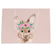 パステルモダンピンクの水彩バニーと花 ラージペーパーバッグ (正面)