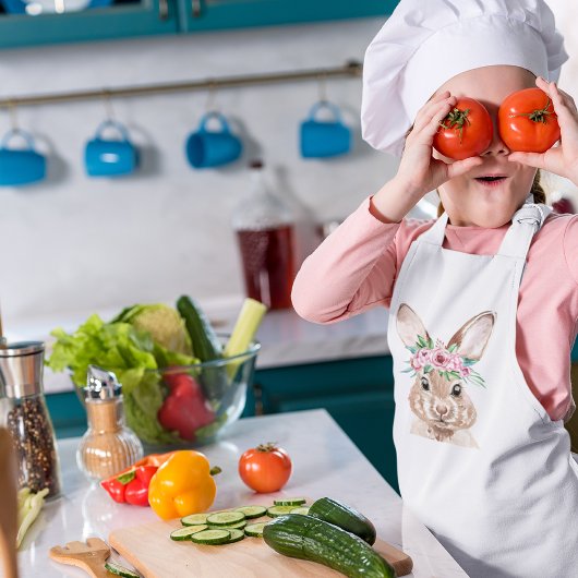 パステルモダンピンクの水彩バニーと花 子供用エプロン