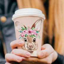 パステルモダンピンクの水彩バニーと花