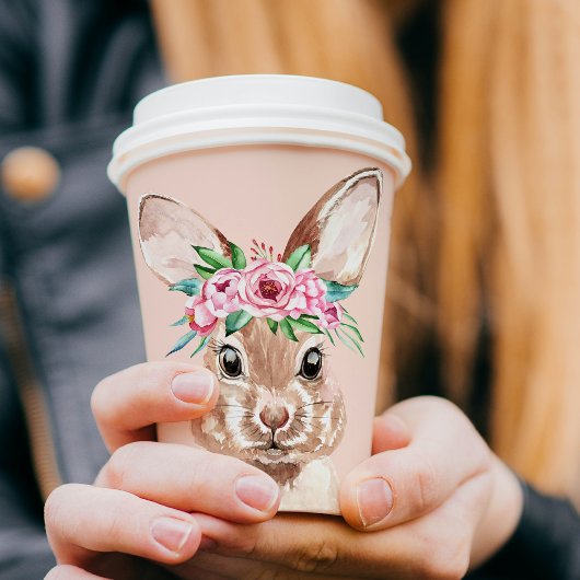 パステルモダンピンクの水彩バニーと花 紙コップ