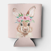 パステルモダンピンクの水彩バニーと花 缶クーラー (正面)