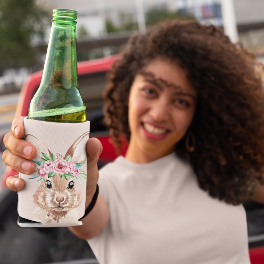 パステルモダンピンクの水彩バニーと花 缶クーラー